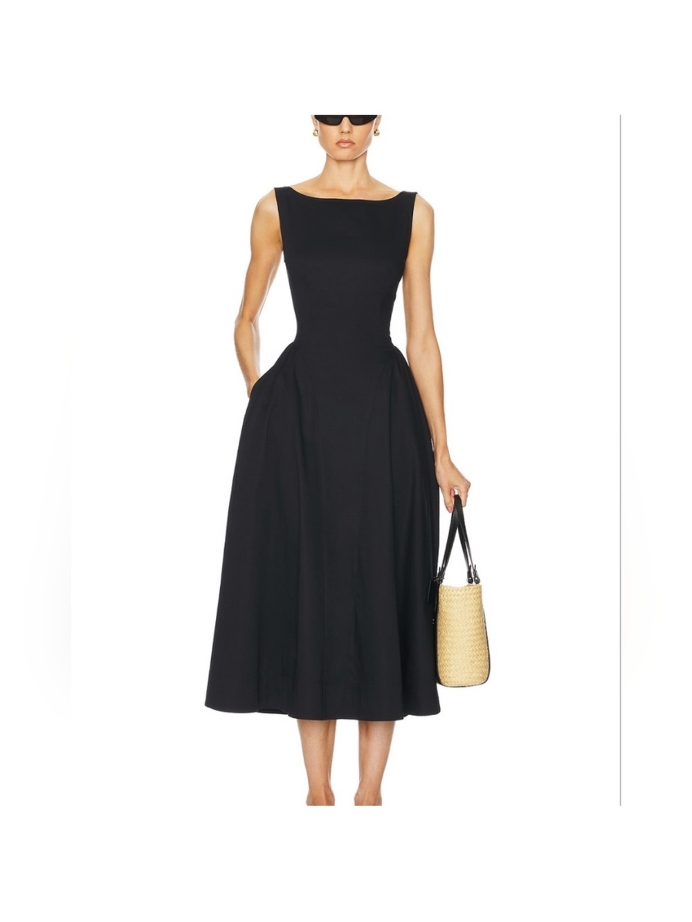 Helsa Stretch Cotton Sateen Midi Dress in Black